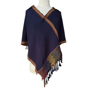 1970s Corduroy, Asymmetrical, V-Neckline, Fringe Boho Poncho
